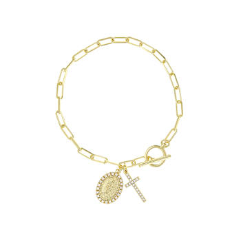 Paperclip Link Bracelet With Cross And Saint CZ Charms In 18K Gold Over
Sterling Silver