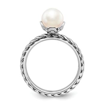 Rhodium Over Sterling Silver Stackable Expressions 7.0-7.5mm White
Freshwater Cultured Pearl Ring