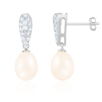 8-8½mm White Cultured Freshwater Pearl and Cubic Zirconia Rhodium Over
Sterling Silver Earrings
