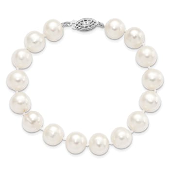 Rhodium Over Sterling Silver 10-11mm White Freshwater Cultured Pearl Bracelet