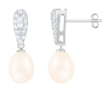 8-8½mm White Cultured Freshwater Pearl and Cubic Zirconia Rhodium Over
Sterling Silver Earrings