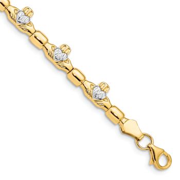 14k Two-tone Gold Diamond-Cut Claddagh Polished Link Bracelet