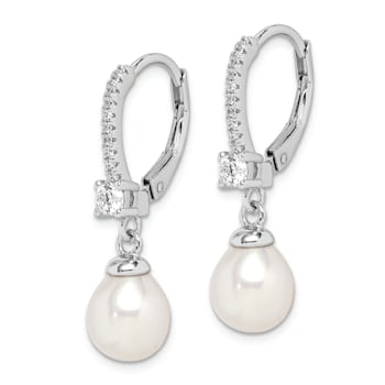 Rhodium Over Sterling Silver 7-8mm Freshwater Cultured Pearl and CZ
Leverback Dangle Earrings