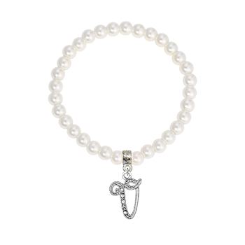 White Faux Pearl Bead Initial Charm Stretch Bracelet