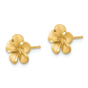 14k Yellow Gold Satin Diamond-Cut Plumeria Stud Earrings