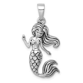 Rhodium Over Sterling Silver Antiqued Mermaid Pendant