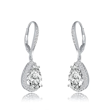 Pear Shape CZ Halo Drop Earrings In Sterling Silver