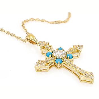 Diamond Simulant, Sleeping Beauty Turquoise And White Zircon Cross
Pendant Necklace In 18K Gold Over Sterling Silver 2.34ctw