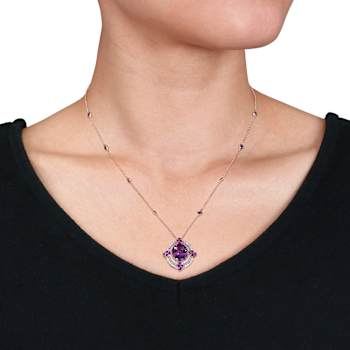 African Amethyst and Diamond 14K Rose Gold Halo Necklace 5.50ctw