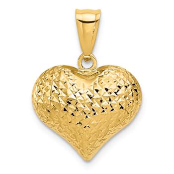 14k Yellow Gold Polished, Diamond-Cut and Textured 3D Heart Pendant