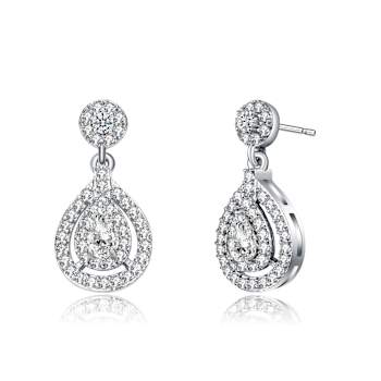 Pear Shape CZ Halo Drop Earrings In White Rhodium Over Brass