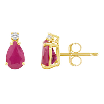 7x5mm Pear Shape Ruby with Diamond Accents 14k Yellow Gold Stud Earrings