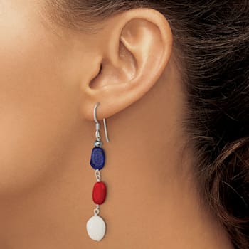 Sterling Silver Polished Red Coral, Crystal, White Jadeite, Lapis Dangle Earrings