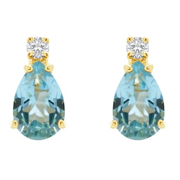 6x4mm Pear Shape Aquamarine with Diamond Accents 14k Yellow Gold Stud Earrings