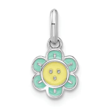Rhodium Over Sterling Silver Blue and Yellow Enamel Flower Children's Pendant