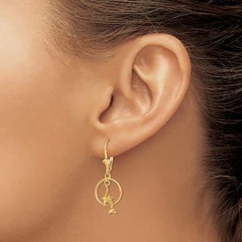 14k Yellow Gold 3D Dolphin Jumping Through Hoop Dangle Earrings
