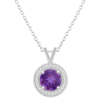 7mm Round Amethyst 1/8 ctw Diamond Rhodium Over Sterling Silver Halo
Pendant with Chain
