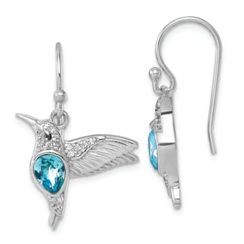Rhodium Over Sterling Silver Crystal Inlay Hummingbird Dangle Earrings