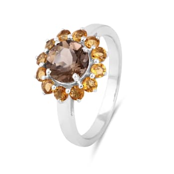 Brown Smoky Quartz and Citrine Rhodium Over Sterling Silver Flower
Design Ring