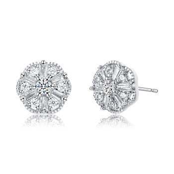 Vintage Pinwheel CZ Cluster Stud Earrings In White Rhodium Over Brass