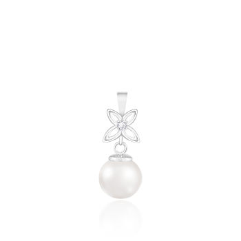 White Cultured Freshwater Pearl and Diamond 14K White Gold Pendant 7-7.5mm
