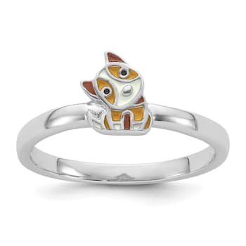 Rhodium Over Sterling Silver Multi-color Enameled Dog Children's Ring