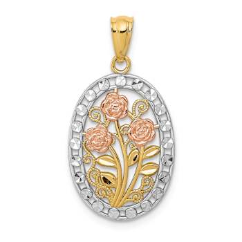 14k Tri-color Gold Textured Oval 3 Rose Pendant