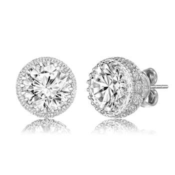 CZ Halo Stud Earrings In Sterling Silver