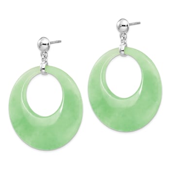Rhodium Over Sterling Silver Polished Jadeite Circle Post Dangle Earrings