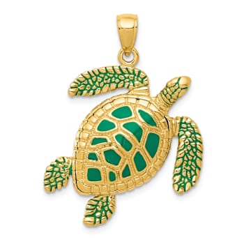14k Yellow Gold Textured 3D Green Enameled Sea Turtle Pendant