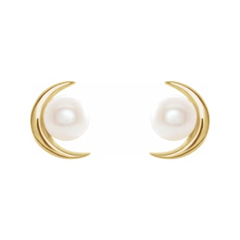 14K Yellow Gold 4mm Round Freshwater Pearl Crescent Moon Stud Earrings
