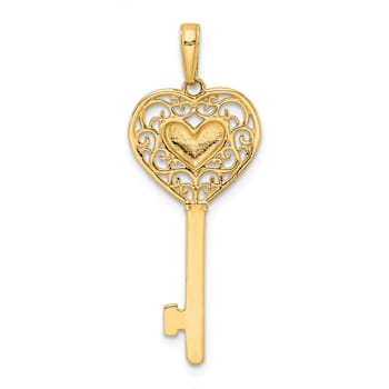 14K Two-tone Gold Diamond-Cut Filigree Heart Key Pendant