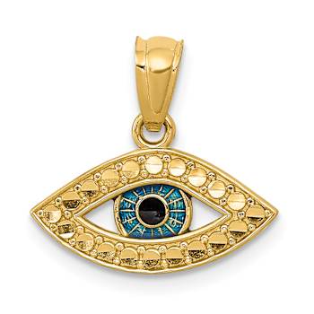 14k Yellow Gold Diamond-Cut Black and Blue Enameled Eye Pendant