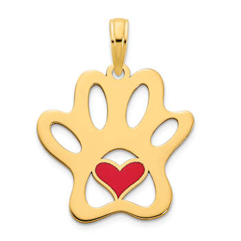 14K Yellow Gold Epoxy Paw Print with Heart Pendant