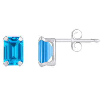 6x4mm Emerald Cut Blue Topaz Rhodium Over 10k White Gold Stud Earrings