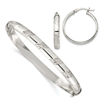 Sterling Silver Diamond-cut 6mm Bangle and 4mm Hoop Earring Set