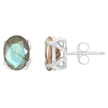 8x6mm Oval Labradorite Rhodium Over Sterling Silver Stud Earrings