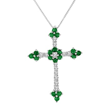 1.10ctw Emerald and Diamond Cross Pendant in 14k White Gold