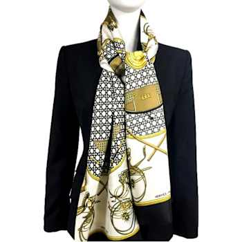 Hermes Les Voitures A Transformation Black and Gold Carriages Silk Scarf