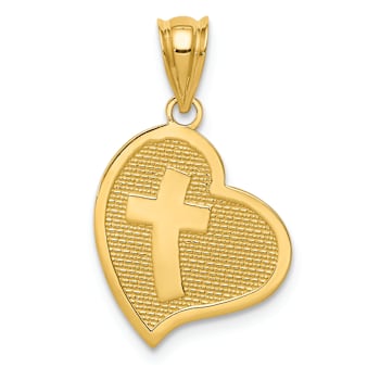 14k Yellow Gold Polished Textured Reversible Mom I Love You Front and
Cross on Back Heart Pendant