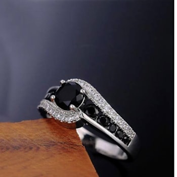 Black Spinel And White Topaz Accents Rhodium Over Sterling Silver Bypass Ring