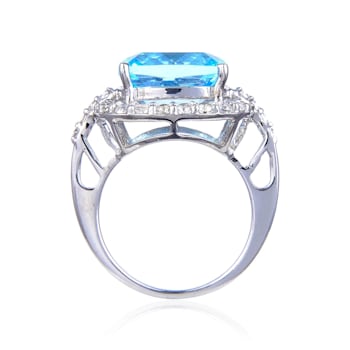 Blue and White Topaz Sterling Silver Halo Ring, 11.58ctw