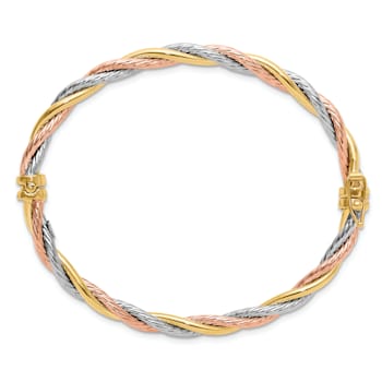 14K Tri-color Polished and Twisted Hinged Bangle Bracelet