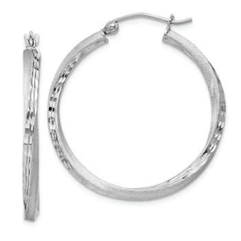 Rhodium Over Sterling Silver Satin Diamond-cut 2.5x30mm Twisted Hoop Earrings