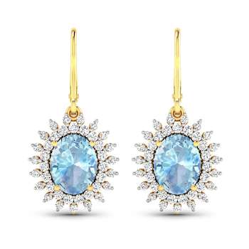 2.56ctw 14K Yellow Gold Oval Aquamarine and White Diamond Halo Earrings