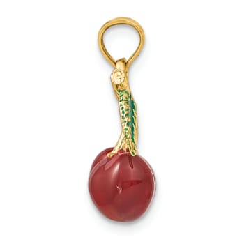 14k Yellow Gold Enamel 3D Cherries with Leaf Charm