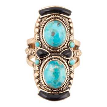Barse Jewelry Blue Composite Turquoise and Black Onyx Gold Tone Double
Up Ring