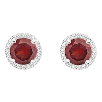 6mm Round Garnet 1/5 ctw Diamond Rhodium Over Sterling Silver Halo Stud Earrings
