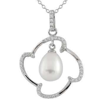 9-10mm Drop White Cultured Freshwater Pearl and CZ Rhodium Over Sterling
Silver Pendant