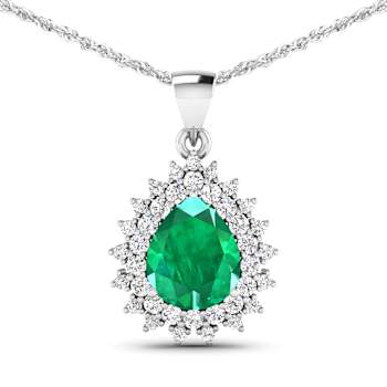 2.85ctw 14K White Gold Zambian Emerald and White Diamond Pendant with 18
inch Cable Chain